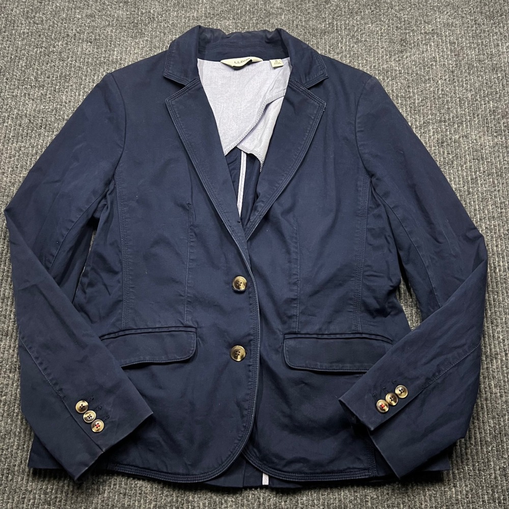 LL Bean Womens Blue Cotton Blend Two Button Blazer Jacket medium unstructured
